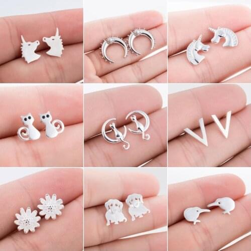 SMJEL 2020 Vintage Small Earrings For Women Cute Cat Unicorn Dog Stud Earrings Metal Jewelry Wholesale