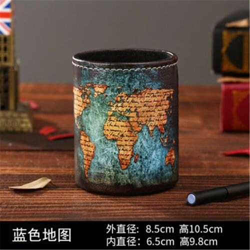 Antique Vintage Blue Yellow World Map Classic Design Gift PU leather Pencil Pen Holder Desk Organizer Storage Box Case