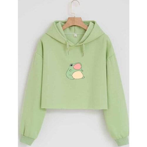 Crop Top Hoodie Green Cute Frog Graphic Hoodies Women Kawaii Clothes Oversized Cotton Sweatshirt Women 2021 Korean Fashion Top