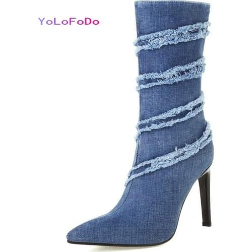 2021 Autumn Winter Women Ankle Boots Denim Pointed Toe Thin High Heel Ladies Short Boots Dress High Quality Womens Boots Blue