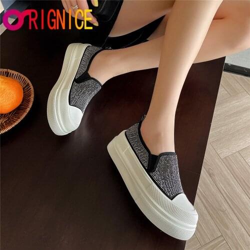 Orignice New Arrival Round Toe Sneakers Platform Vulcanized Women Manual Made Bling Crystal Autumn Casual Flat Runway Shoes Gray