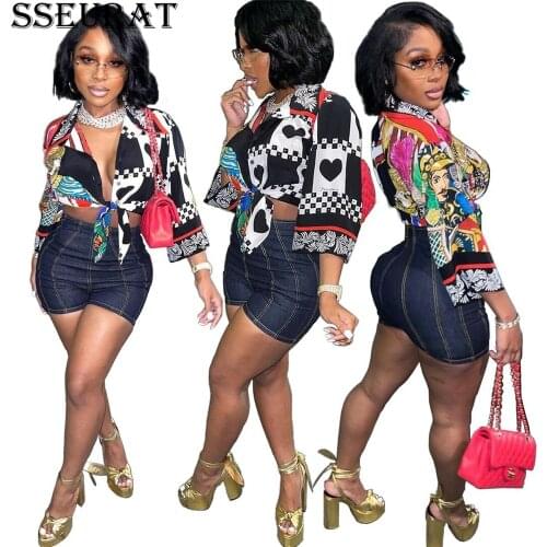 SSEURAT Womens Suit New European and American Style Fashion Print Blouse and Shorts Suit Womens Casual Suit