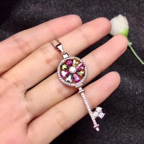 Uloveido Tourmaline Gemstone Key Pendant Necklace Women 925 Sterling Silver Multicolor Crystals Necklace Pendant for Girls FN287