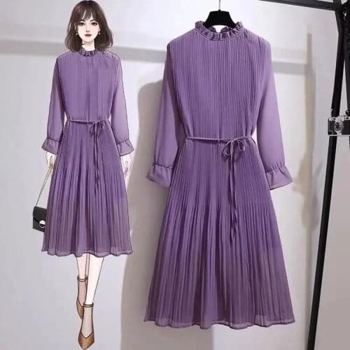 2021 Fall Dress Ladies Round Neck Regular Sleeve Mid-length Dress Lace-up Casual Pure Color Dress Ladies