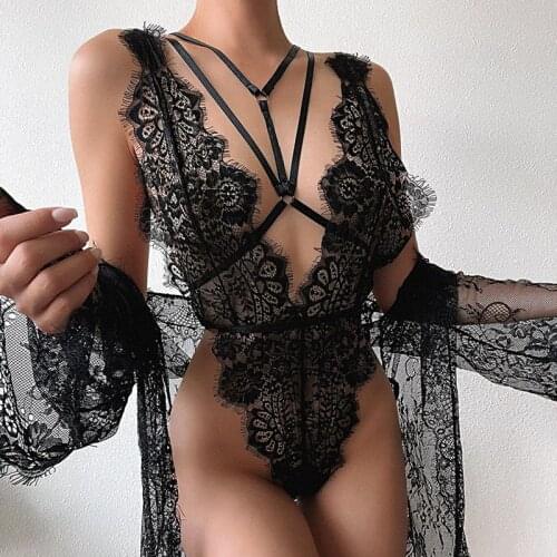 Women Sexy Lingerie Transparent Lace Bodysuit Sexy Lingerie Sleepwear Mesh Floral See-through Teddies Catsuit Erotic Sex Costume