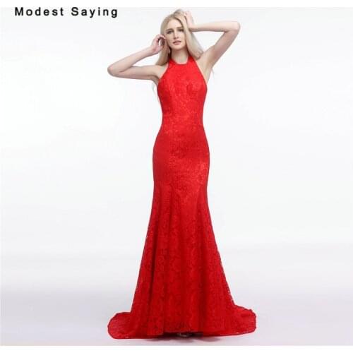 Elegant Backless Red Mermaid Halter Lace Cover Evening Dresses 2017 Formal Women Birthday Party Prom Gowns vestidos de festa