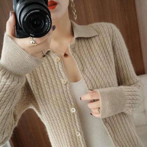 100% Wool Womens Cardigan Knitted Sweater Female Polo Collar Long Sleeve Jacket Autumn Loose Cashmere Coat Plus Size Tops