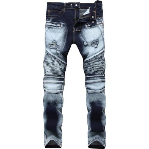 2019 New Fashion Destroyed Biker Jeans Mens Ripped Distressed Straight Skinny Jeans Bleached Denim Pants Scratch Long Trousers