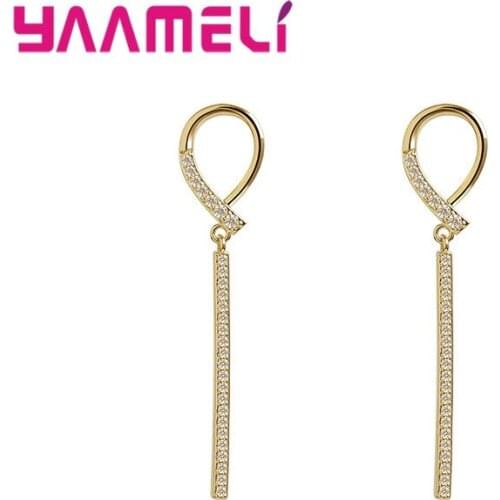 925 Sterling Silver Jewelry Pendientes Hot Sale Shining Full Rhinestone Long Strip Dangle Earrings for Women Birthday Gifts
