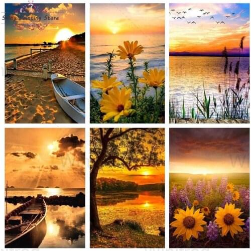 DIY Diamond Painting Sunset River Landscape Sunflowers Boat Cross Stitch Kit Diamond Embroidery Mosaic Picture Home Decoration