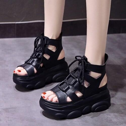 Sexy Black Mesh Summer Ankle Boots for Women Lace Up Chunky Platform Sandals 2020 Wedges Gladiator Shoes Woman Sandalias
