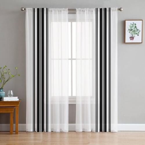 Farmhouse Stripes Black And White Sheer Curtains for Living Room Bedroom Tulle Window Drapes for Kitchen Decoration