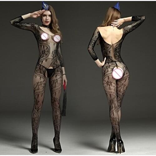 Erotic Intimates Long Sleeve Open Crotch Pantyhose Fishnet One-piece Pantyhose Catsuit Sexy Lingerie Perspective