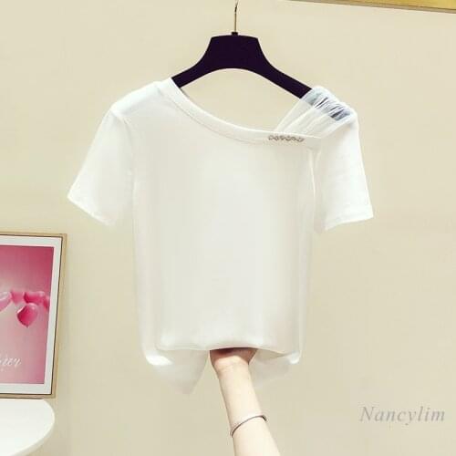 Off Shoulder T Shirt Women 2021 Summer Clothing New Solid Color Fashion Mesh Diamond Stitching Short Sleeve Tees Lady Slim Tops