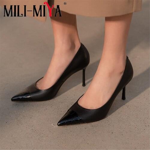 MILI-MIYA New Arrival Sexy Pointed Toe Women Full Genuine Leather Pumps Super High Thin Heels Slip On Solid Color Dress Party