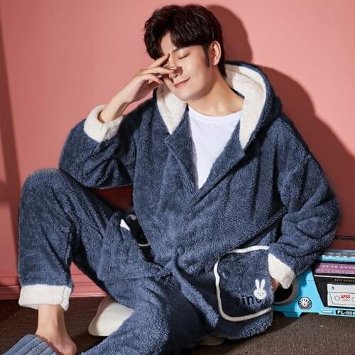 Flanner Men Pajama Winter Pajamas Loose Version Lady Sleepwear Hooded Lovers Pajamas Packed Medium Style Thicken Nightdress