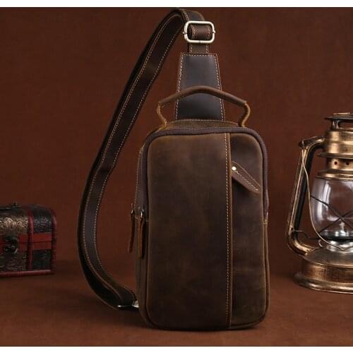 Men Crazy Horse Cowhide Sling Chest Bags Backpack Travel Shoulder Messenger Bag Male Genuine Leather Crossbody Rucksack Knapsack