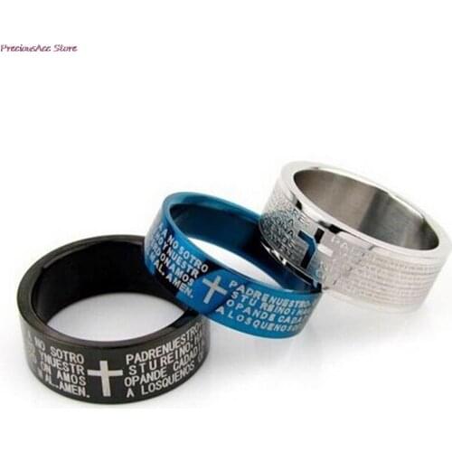 Never Fade Jesus Bible Letter Lord Prayer Cross Mens Rings Blue Belief Anel Black Cross Stainless Steel Prayer Finger Rings