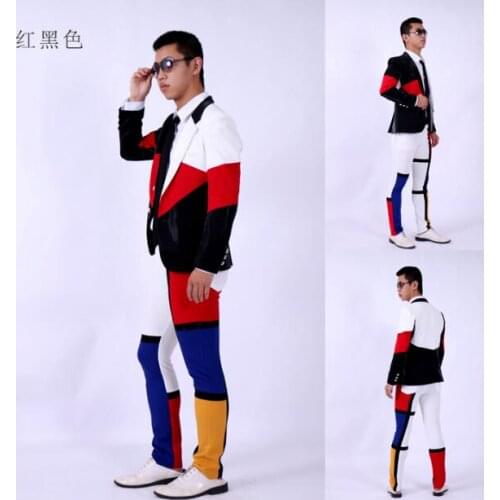 2020 New Hot Mens Clothing Black And Red Stitching Color Slim Suits Male Nightclub Singer Dj Costumes Wedding Dress 1 Sets
