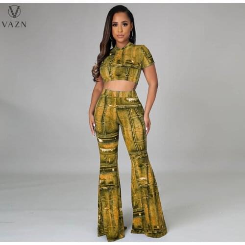 VAZN 2021 New Arrival Retro Overalls Mature High Waist Short Sleeve Top Long Boot Cut Pants Slim Women 2 Piece Set