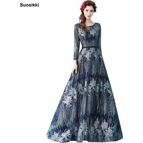 2019 New The Banquet Luxury Evening Dress Navy Blue Long Sleeved Shiny Bling Bling Party Formal Gown Robe De Soiree