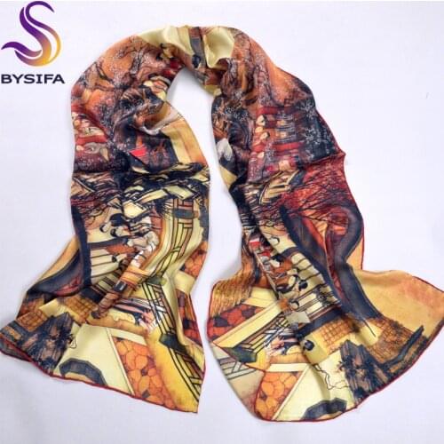Autumn Winter Pure Silk Scarf Shawl Coffee Ladies Long Scarves Printed Hand Roll-hemmed 100% Silk Scarf 178*55cm zwj02