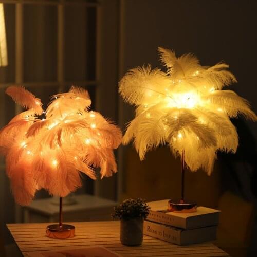 LED Remote Control Feather Table Lamp USB Power Warm Light Tree Feather Lampshade Wedding Home Bedroom Dinner Party Home Decor