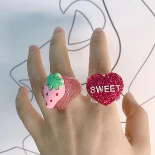 Y2K Jewelry Shiny Heart Letter Rings for Women Cartoon Cute Harajuku Vintage DIY Resin Rings Charms 90s Aesthetic New Wholesale