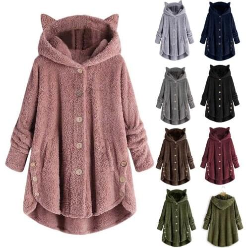 Womens Plus Velvet Sports Winter Cute Cats Ears Hooded Irregular Hem Buttons Jacket Fleece Coat Christmas gift