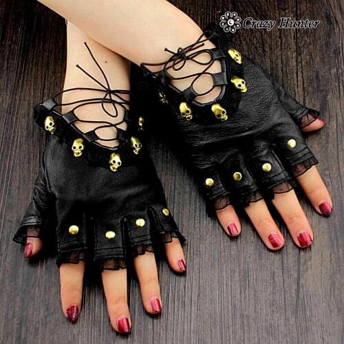 Gold Skull Studded Punk Rock Biker Womens Fingerless Real Leather Gloves