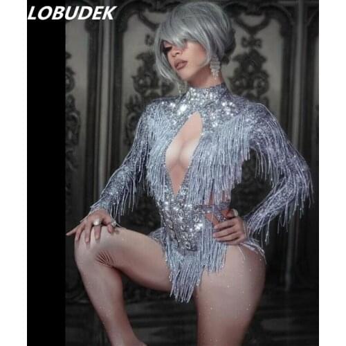 Lady Glittering Silver Rhinestones Fringe Skinny Jumpsuit Nightclub Bar DJ Singer Stage Wear Jazz Dance Team Performance Costume