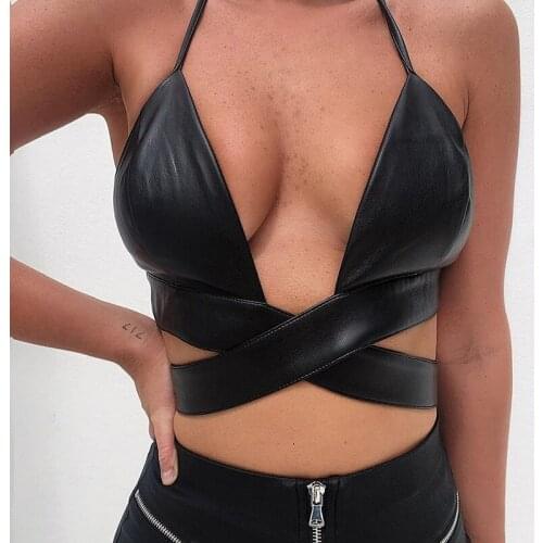 Sleeveless Backless Club Party Bandage Cami Top Streetwear Clothes Sexy PU Leather Halter Crop Tops for Women