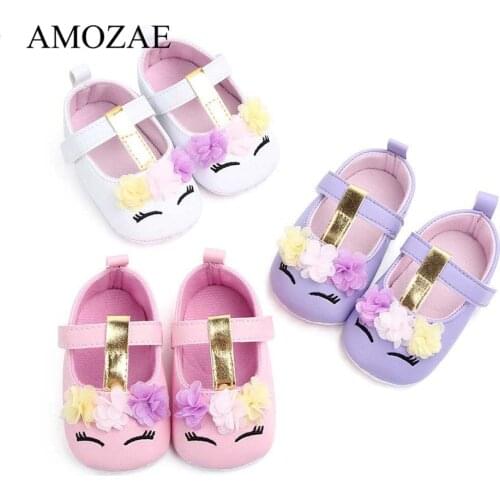 2021 New Arrival Toddler Baby Girls Flower Unicorn Shoes PU Leather Shoes Soft Sole Crib Shoes Spring Autumn First walkers 0-18M