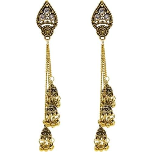 Bohemian Indian Vintage Gypsy Gold Long Bells Tassel Rhinestone Jhumka Boho Drop Earrings For Women Jewelry Gift