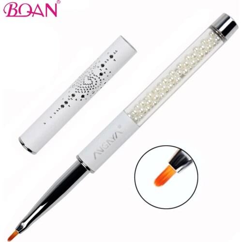 BQAN 1 PC White Rod White Diamond Petal Nail Brush Pearl Acrylic Nail Art Liner Brush Stripes Grid Flower Painting Manicure Tool