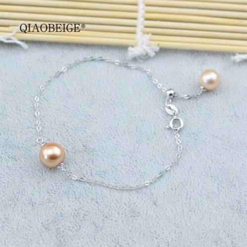 QIAOBEIGE 925 silver pearl bracelets mount double bead accessory simple chain link adjustable women pearl bracelets young girls