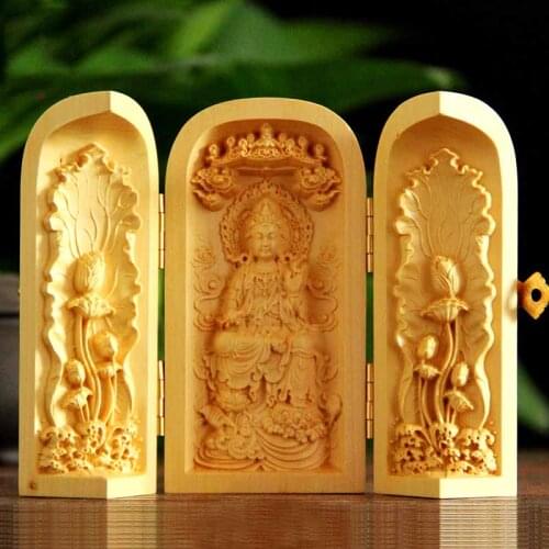 Wood carving ornaments portable three open Buddha statues Guanyin Western Sansheng decorative handicrafts