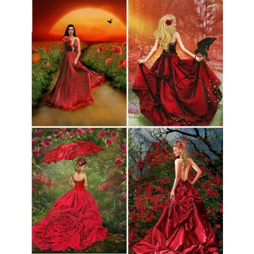 KAMY YI Portrait Red Dress Woman Diamond Painting Cross Stitch 5D Diy Full Diamond Embroidery Mosaic Art Home Decoration