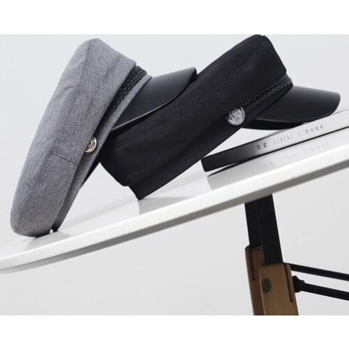 Flat Top Female Travel Cadet Hat Captain Cap Fashion Unisex Pu Leather Military Hat Autumn Sailor Hats for Women Men Black Grey