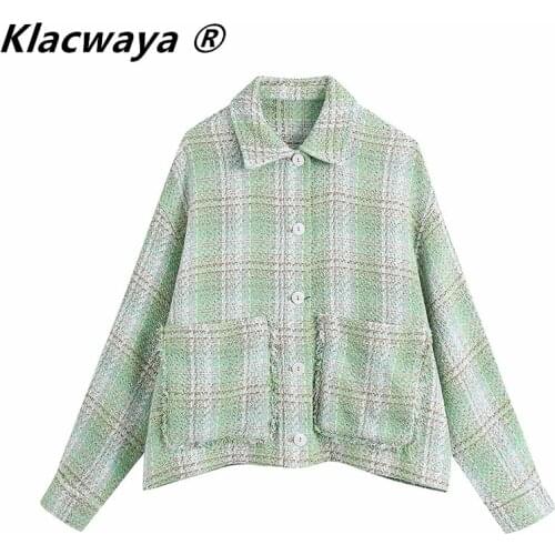 Klacwaya WomenTextured Checked Jackets Spring Summer Fashion Drop Shoulder Loose Shirts Coats Female Outerwear Plaid Tops
