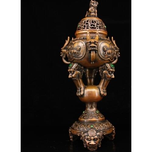 Collection of old pure copper hand-made inlaid gemstones painted gold lion lid faucet ear incense burner plate incense burner