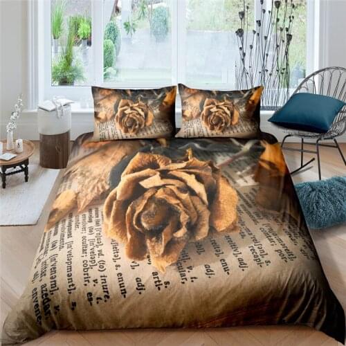 Luxury 3D Golden Rose Printed 2/3Pcs Bedding Set Flower Pattern Duvet Cover Pillowcase Home Textile Queen and King EU/US/AU Size