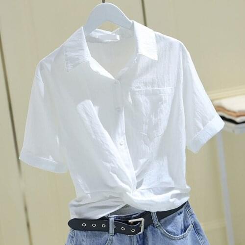 Short Shirt Womens Short Sleeve 2021 Summer New Womens Clothing Korean Style Loose Pleated Short Model in White Color Shirt