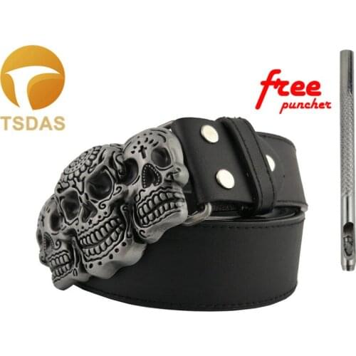 Three Skull Head Metal Belt Buckle with Pewter Finish Classic Cowboy and Cowgirl Solid Brass Unisex Width Buckle