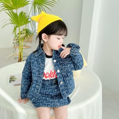 Fashion Letter Pattern Girls Denim Sets Turn-down Collar Coats and Skirts 2 Pieces 0-7 Years Old Spring and Autumn Kids Clothes