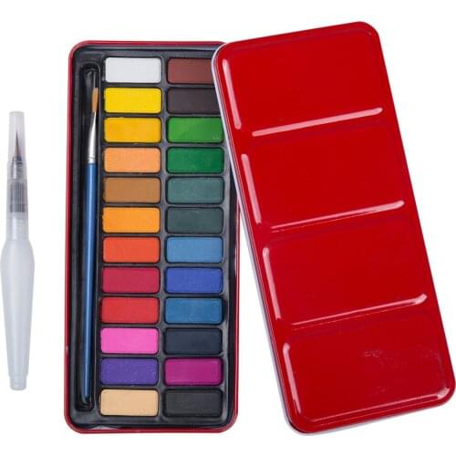 24 Assorted Colours Watercolour Paints with Tin Case Painting Pans Set Include Waterbrush Pen and Watercolour Brush