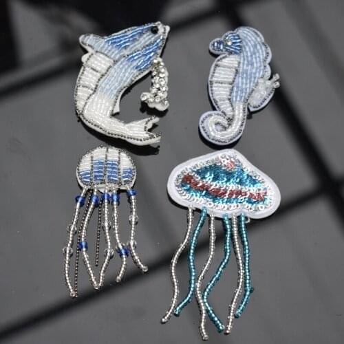 Beads Patches Sew on Whale Stripes for Appliques Undersea Animals patch Hippocampus Jellyfish Clothing Badges Patch