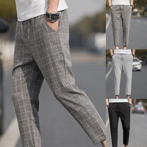 75% New Arrival!!! Plus Size Men Plaid Drawstring Pockets Elastic Waist Pencil Trousers Ninth Pants