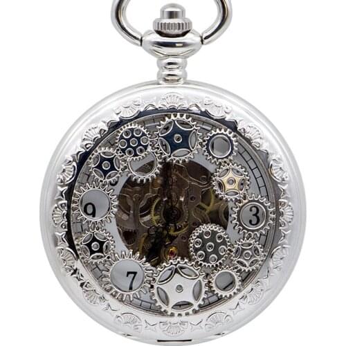 New Vintage Steampunk Skeleton Hollow Silver Gear Roman numerals Mechanical Pocket Watches with FOB Chain Nice Box PJX1404