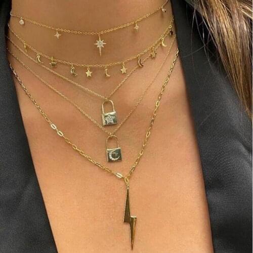 New 100% 925 sterling silver Women chocker Moon Star Lightning multi-pendant Clavicle Necklace delicate wedding jewelry party